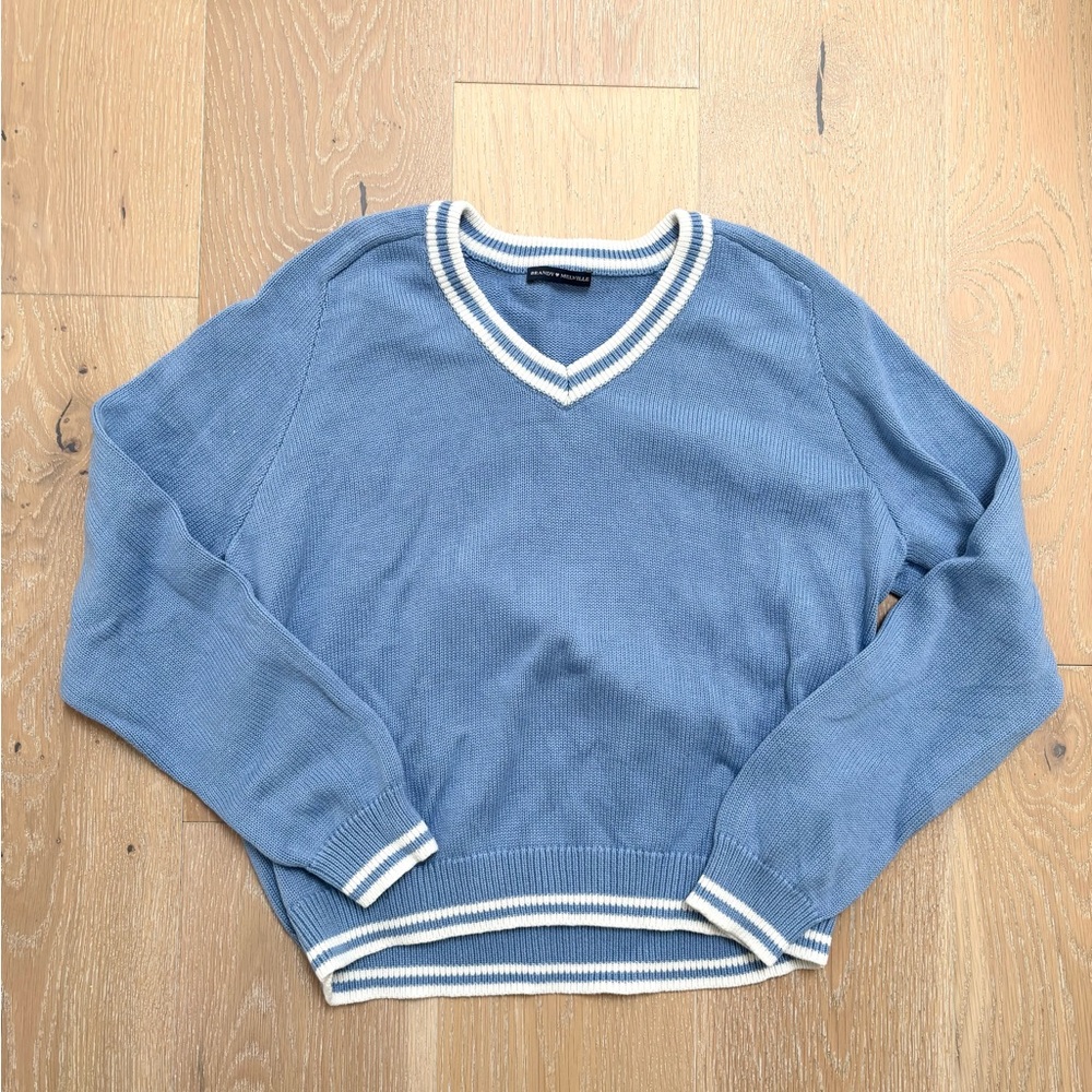 Brandy Melville Preppy Blue V-Neck Cotton Sweater